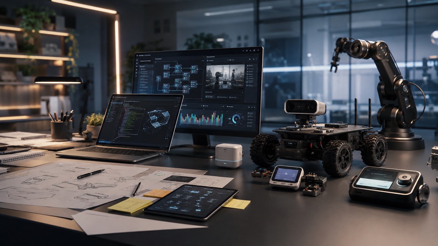 V7IDEA AI robotics lab with dashboards, smart vehicle and robotic arm