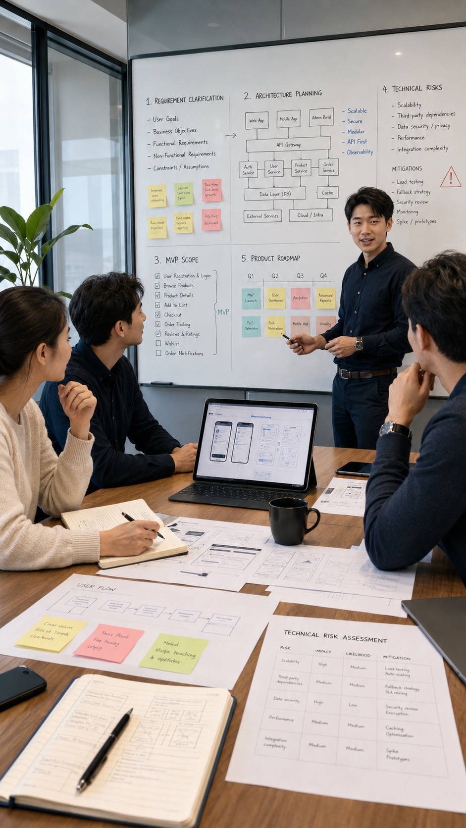 團隊在白板前討論需求釐清、架構規劃、MVP 範圍、技術風險與產品路線圖